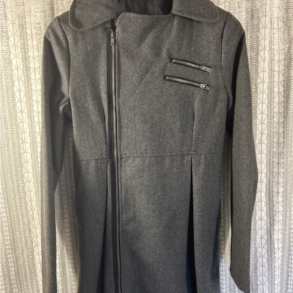 Roxy Charcoal Gray Asymmetrical Zip Trench Coat with Zip Chest Pockets